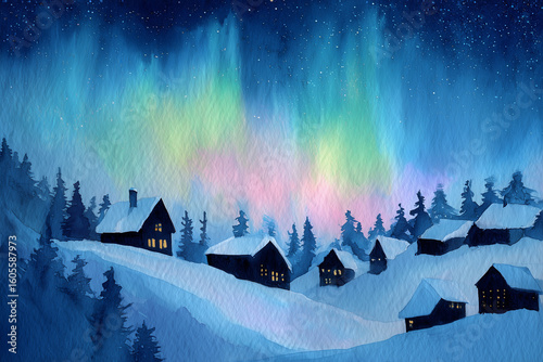 Serene Watercolor Alpine Village Skyline with Northern Lights