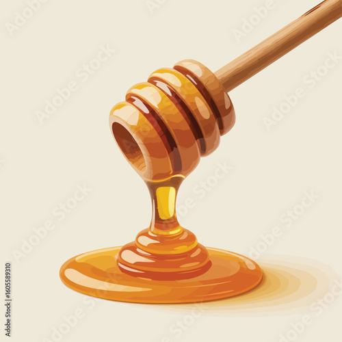 Golden honey dripping from a wooden dipper onto a light background