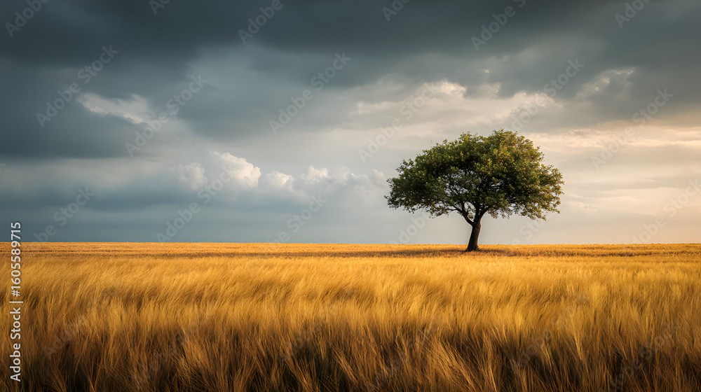 Fototapeta premium Lone Tree in a Golden Field Beneath Stormy Sky with Sunset Light