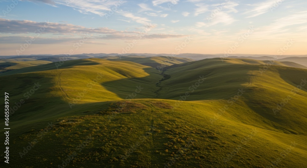 Fototapeta premium Aerial View of Rolling Green Hills at Sunset