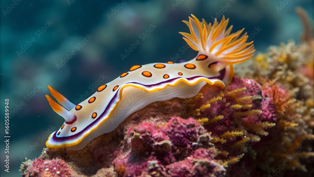 Fototapeta premium Underwater macro of a nudibranch gliding over coral — brightly colored body, exposed gills, and cerata visible in full detail