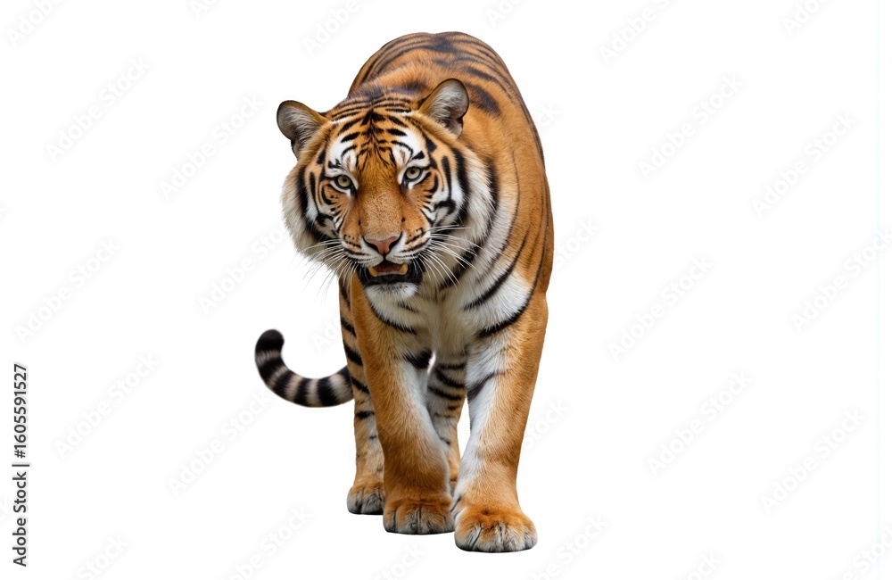 Obraz premium Majestic tiger walks forward. Close-up on its striped orange and black fur, powerful paws, and intense gaze. Isolated on a clean white background, perfect for wildlife or zoo themes.