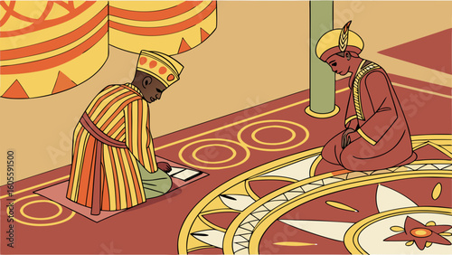 Historical figures in traditional attire kneeling on an ornate rug, engaged in study or contemplation.