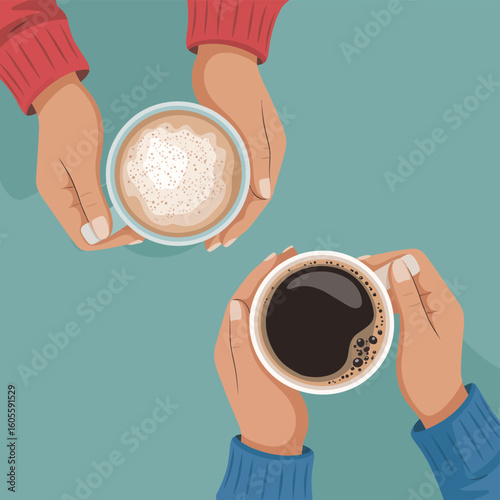 Two people holding cups of coffee and latte overhead view