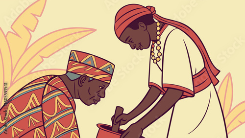 Generational African Cultural Tradition: Two People Preparing Ingredients with Mortar and Pestle