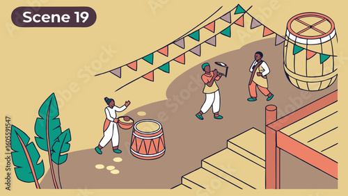 Traditional music performance at an outdoor cultural festival with people playing drums and string instruments