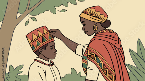 African Mother and Son in Traditional Attire: Cultural Heritage and Family Bonding. Identity and Tradition Illustration.