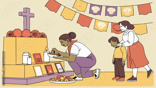 Family Honoring Ancestors at Traditional Day of the Dead Altar with Candles and Offerings
