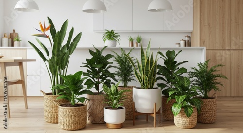 Variety of Lush Green Indoor Plants in Modern Kitchen Setting