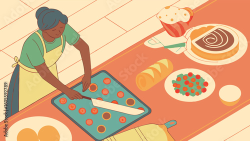 Home baker preparing cookies and pastries in a kitchen. Illustration of homemade dessert and food preparation.