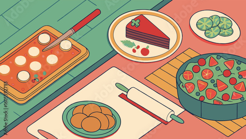 Colorful Isometric Culinary Scene with Baking Ingredients, Desserts, and Fresh Produce