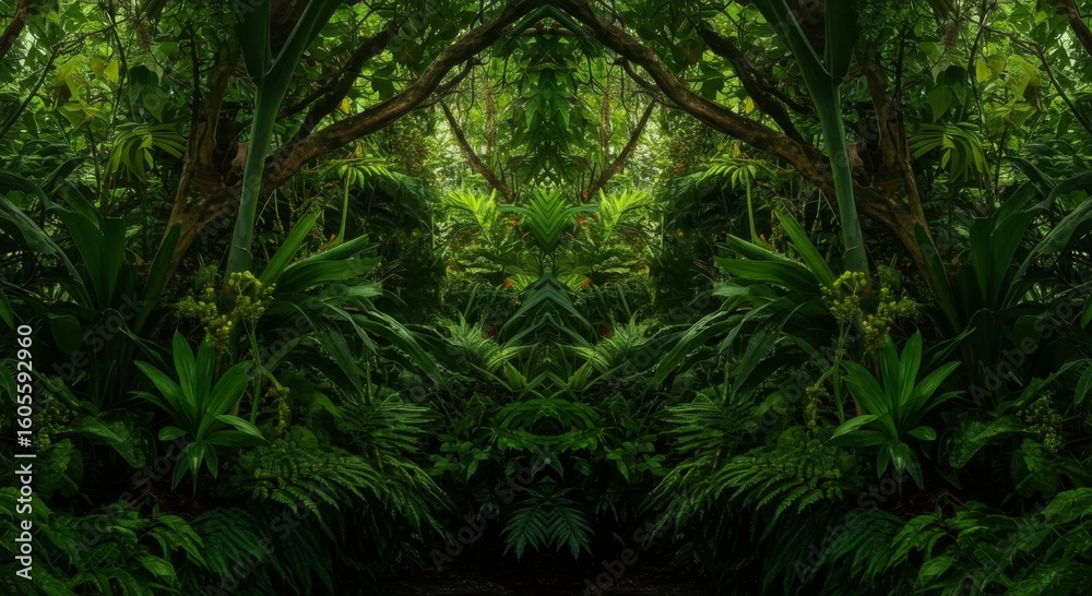 Fototapeta premium Lush Green Tropical Jungle with Symmetrical Foliage