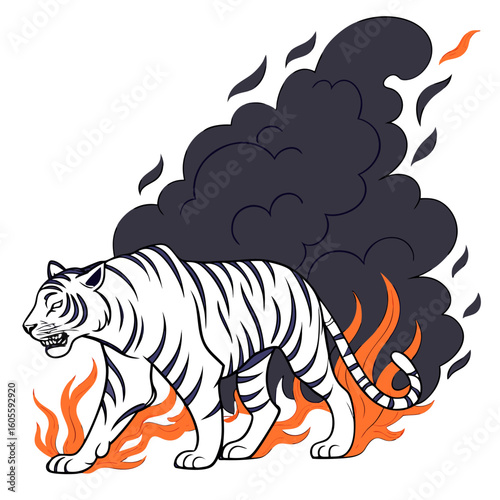 A roaring white tiger with black stripes and red flames, in bold tattoo style