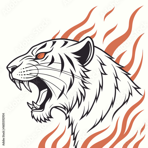 A roaring white tiger with black stripes and red flames, in bold tattoo style