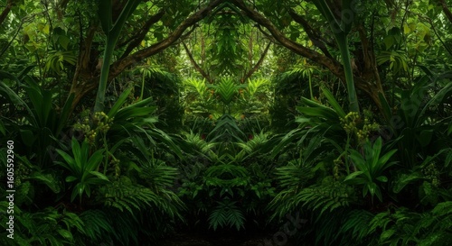 Lush Green Tropical Jungle with Symmetrical Foliage