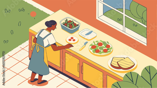 Woman preparing healthy food on an outdoor kitchen counter. Modern flat vector illustration of backyard cooking and healthy lifestyle.