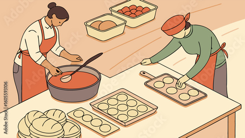 Two women cooking in kitchen, preparing dough and stirring sauce, food production illustration
