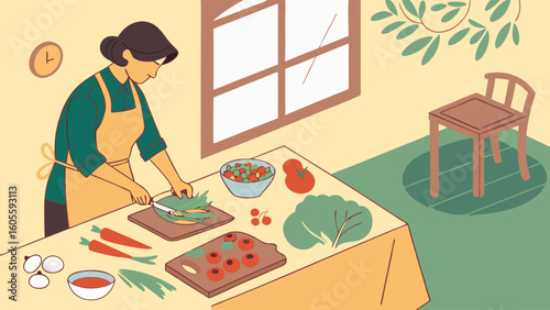 Woman preparing fresh vegetables in kitchen, healthy cooking illustration for meal prep
