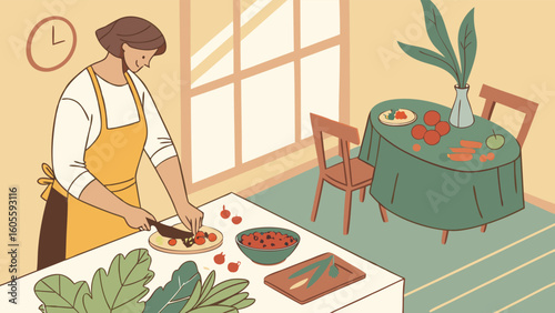 Woman chopping fresh vegetables in a home kitchen. Healthy cooking, meal preparation, domestic life illustration.