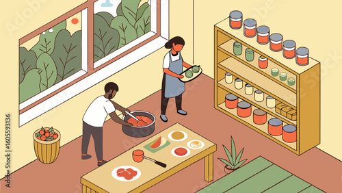 Home Food Preservation: People Preparing Fresh Ingredients for Canning and Cooking in a Kitchen Environment