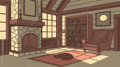 Cozy Living Room Illustration with Fireplace, Bookshelf, Armchair, and Sleeping Cat in Sunlight
