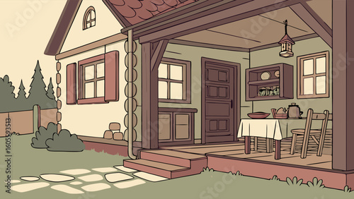 Charming Cartoon House with Porch and Outdoor Dining Area Illustration