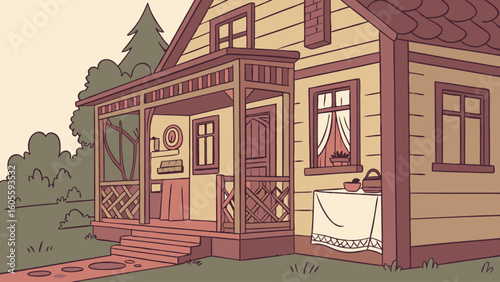 Cozy traditional wooden country house with inviting front porch and outdoor garden details, charming home illustration