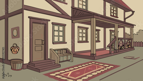 Charming Illustrated Traditional House Exterior with Porch and Decorative Rug