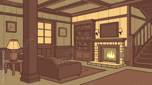 Warm & Inviting Rustic Living Room Illustration with Fireplace, Bookshelf, and Sofa