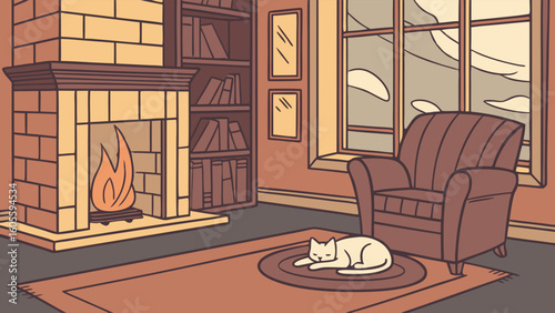 Cozy Living Room Interior with Fireplace, Armchair, Bookshelf, and Sleeping Cat Illustration