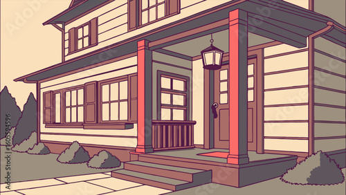 Charming Cartoon House with Porch and Front Yard Illustration in Vintage Style