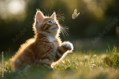 A curious ginger kitten watches a butterfly in a sunlit meadow.