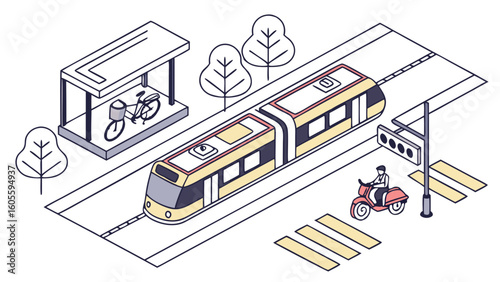 Isometric City Transport System Illustration with Train, Scooter, and Bike Parking