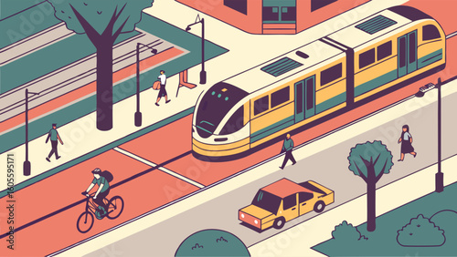 Isometric Urban Landscape with Light Rail, Car, Bike Rider, and Pedestrians