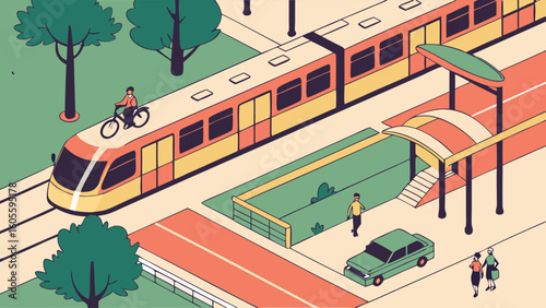 Isometric Urban Public Transport Scene with Train, Station, Cyclist, and People. Sustainable City Life.
