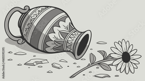 Broken ornamental vase and fallen flower illustration with shattered pottery fragments on the ground