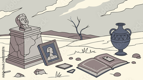 Ancient Ruins and Modern Relics in a Desolate Landscape Illustration
