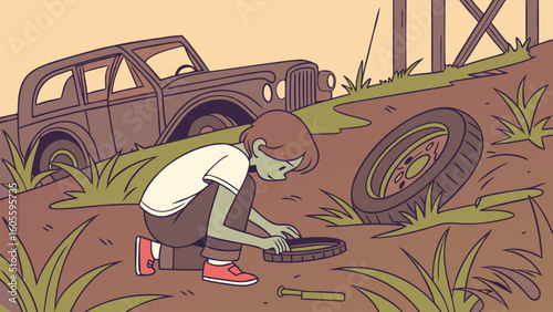 Curious child exploring and tinkering with old car parts in a rustic outdoor setting.