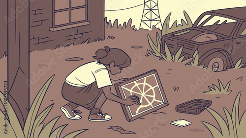 Girl cleaning broken mirror in desolate urban decay. Abandoned car, power lines, and overgrown nature in sepia tone illustration.