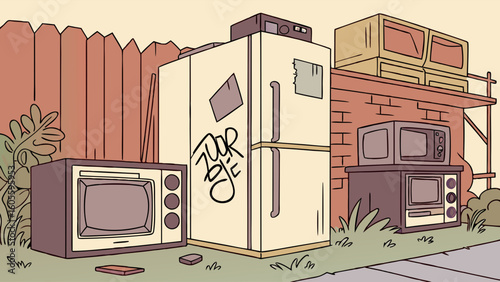 Electronic Waste: Discarded Vintage Appliances and Old Tech in a Backyard. E-waste concept with fridge, TVs, and microwave.