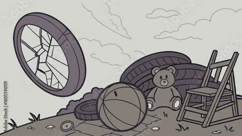 Illustration of Discarded Objects and Broken Items in a Junkyard Pile