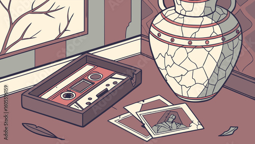 Nostalgic Still Life Illustration with Vintage Cassette, Old Photos, and Cracked Vase by a Window