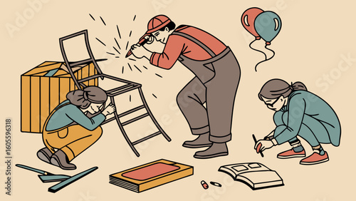 Creative People Working Together on DIY Project: Welding, Assembly, and Design Illustration
