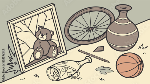 Broken and Discarded Items Illustration: Shattered Picture, Bottle, Vase, and Damaged Household Objects Collection