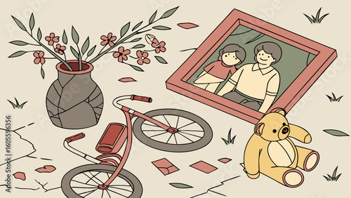 Broken vase, family photo, bicycle, and teddy bear on cracked ground. Illustration of loss, memory, and abandonment.