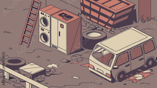 Isometric illustration of discarded appliances, old van, and junk in an outdoor setting, symbolizing waste, recycling, or urban decay.
