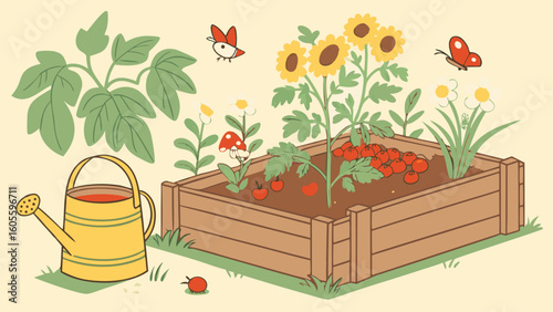 Illustration of Raised Garden Bed with Sunflowers, Tomatoes, and Watering Can. Home Gardening and Organic Growth.