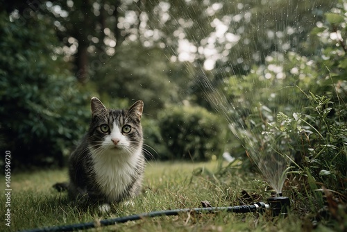 A curious cat sits on the grass, observing a sprinkler in a lush garden.