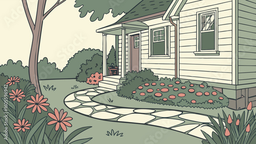 Illustrated House with Stone Path and Lush Garden. Peaceful Suburban Home Exterior with Blooming Flowers.