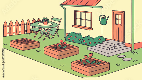 Illustrated Home Garden Scene with Raised Planter Beds and Outdoor Seating